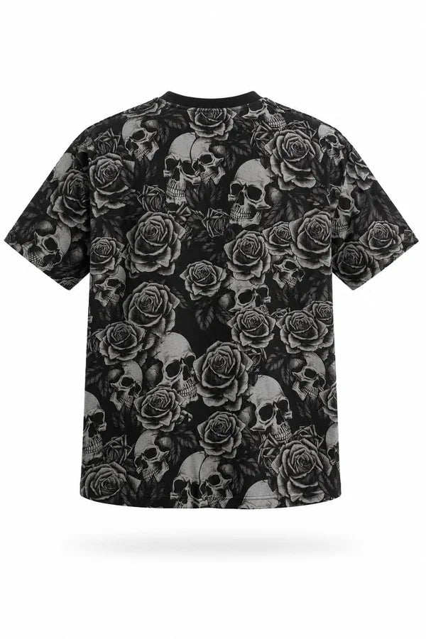 CAMISA OVERSIZE NEGRA PERSONALIZADA ROSAS-CALAVERAS