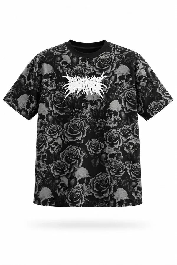CAMISA OVERSIZE NEGRA PERSONALIZADA ROSAS-CALAVERAS