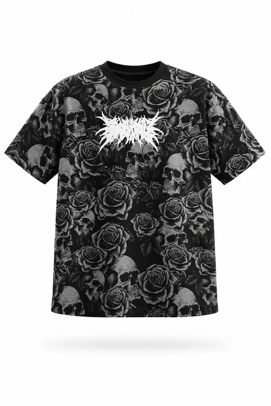 CAMISA OVERSIZE NEGRA PERSONALIZADA ROSAS-CALAVERAS
